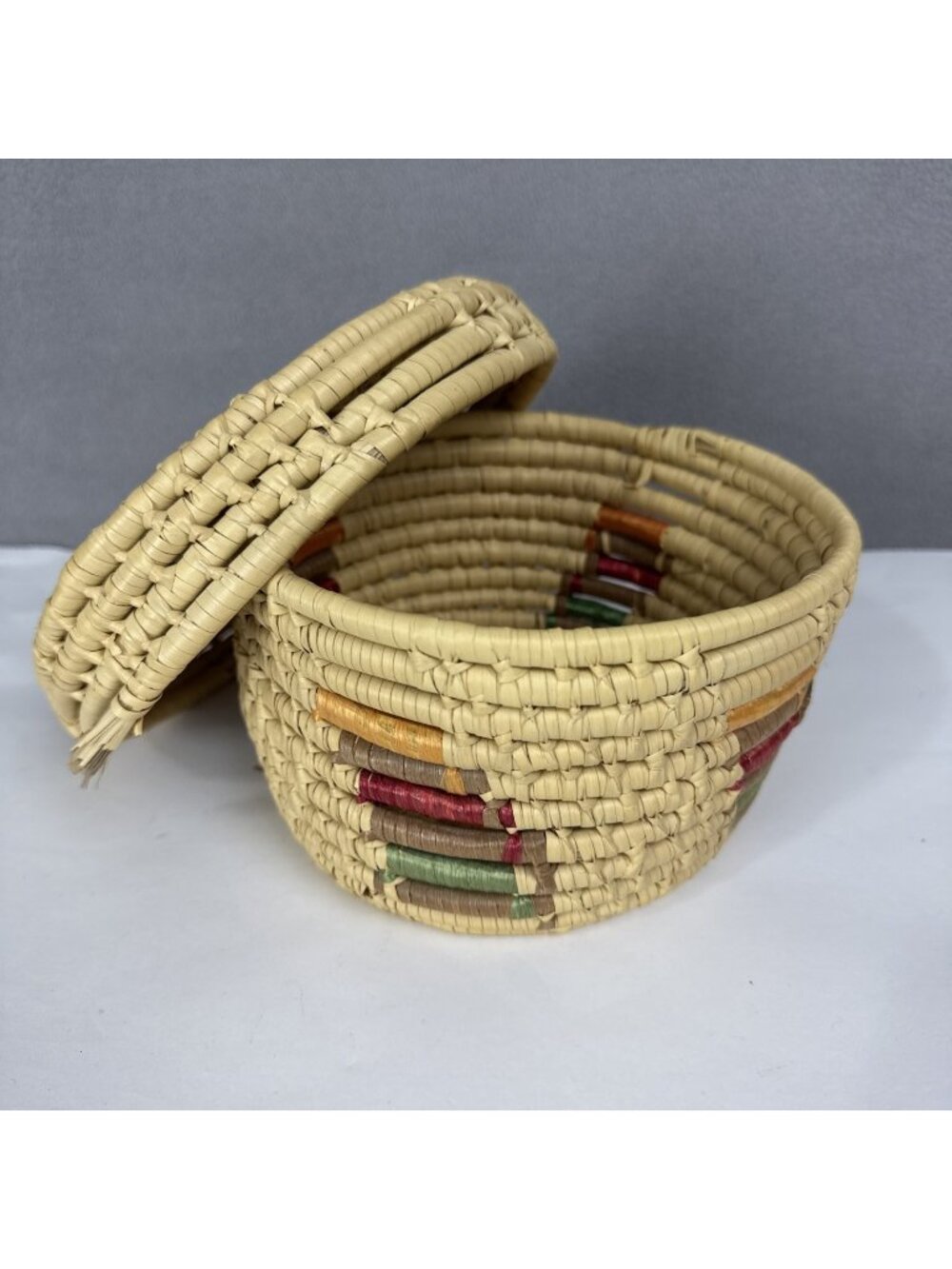 Vtg Hand Woven Basket with Lid wicker rattan rustic boho